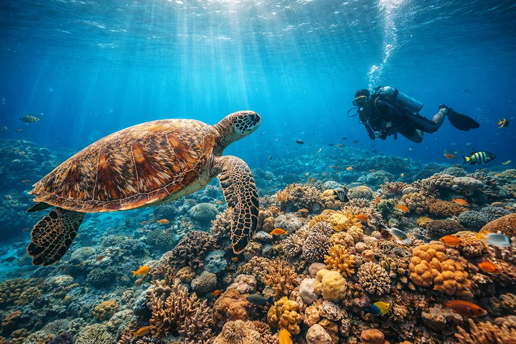 Scuba diving in the Philippines, sea turtle, coral reef, underwater photography, and diving destination.