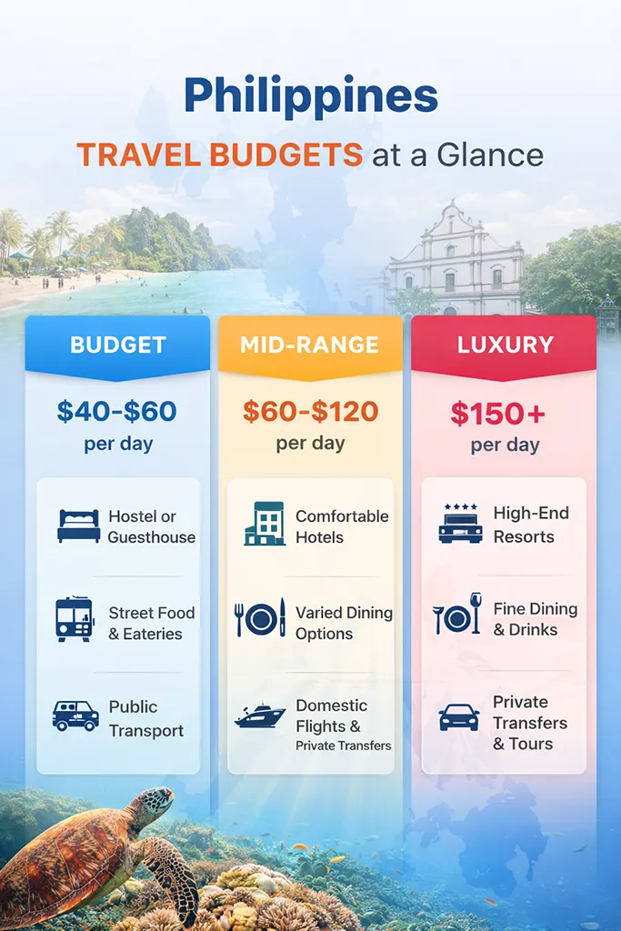 Philippines travel budget 2026 daily costs backpacker mid-range luxury comparison chart.