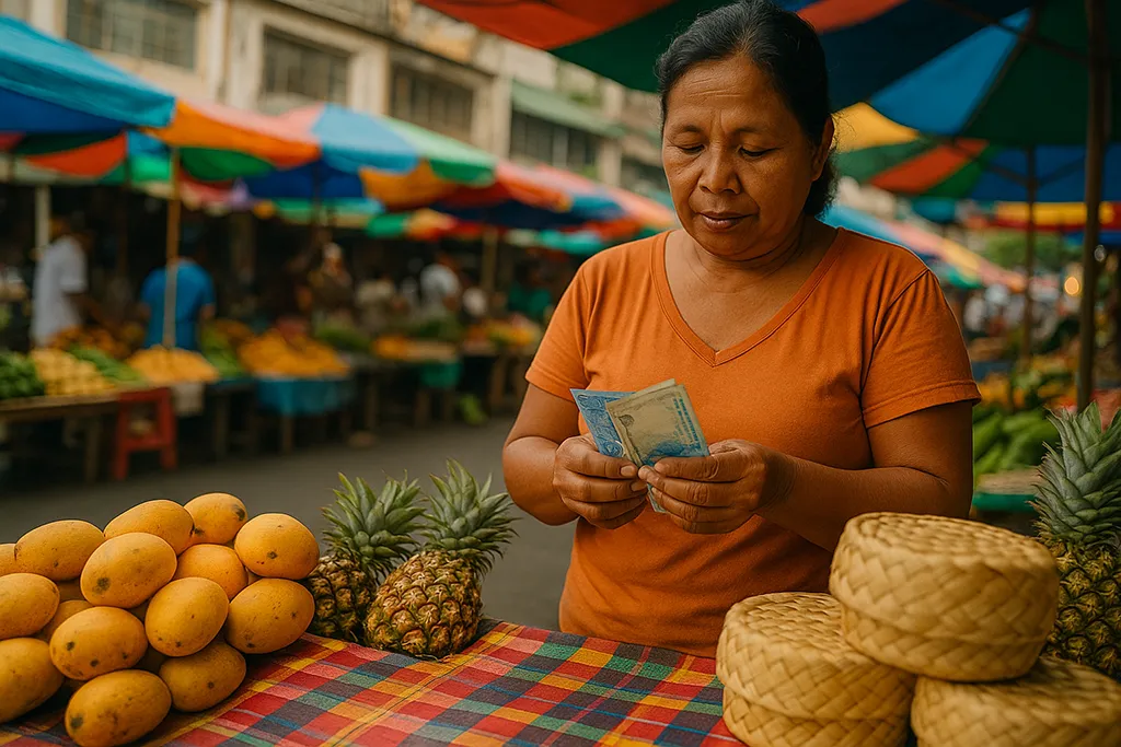 Market vendor counting Philippine peso bills at an outdoor market.