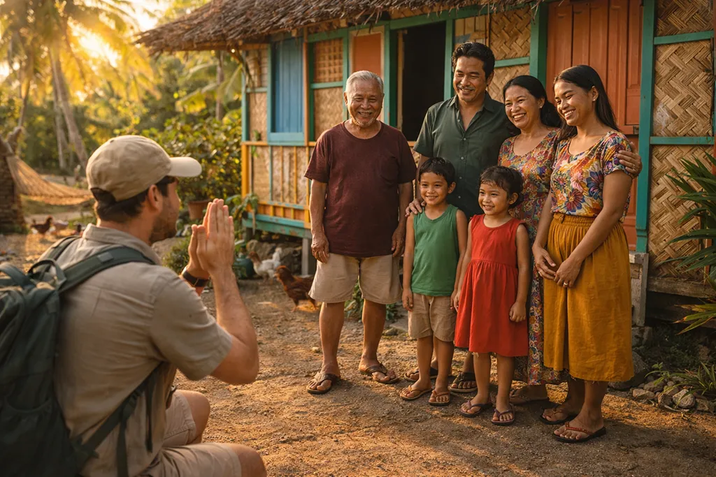 Cultural etiquette Philippines guide showing tourist asking Filipino family permission before taking photos demonstrating respect