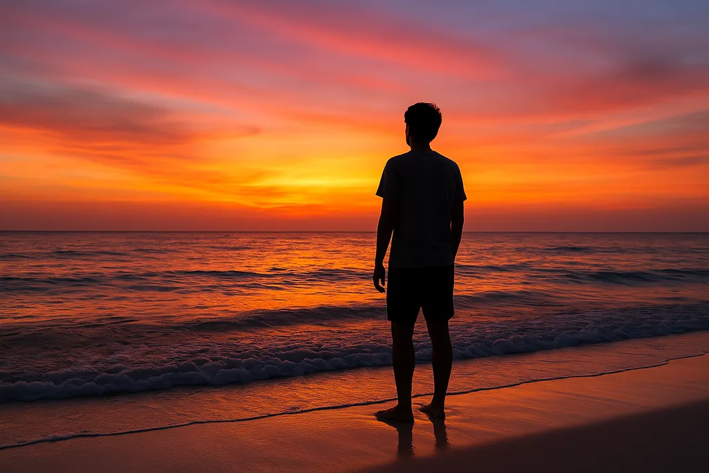 Traveler standing on the beach at sunset, gazing at the horizon, Philippines.