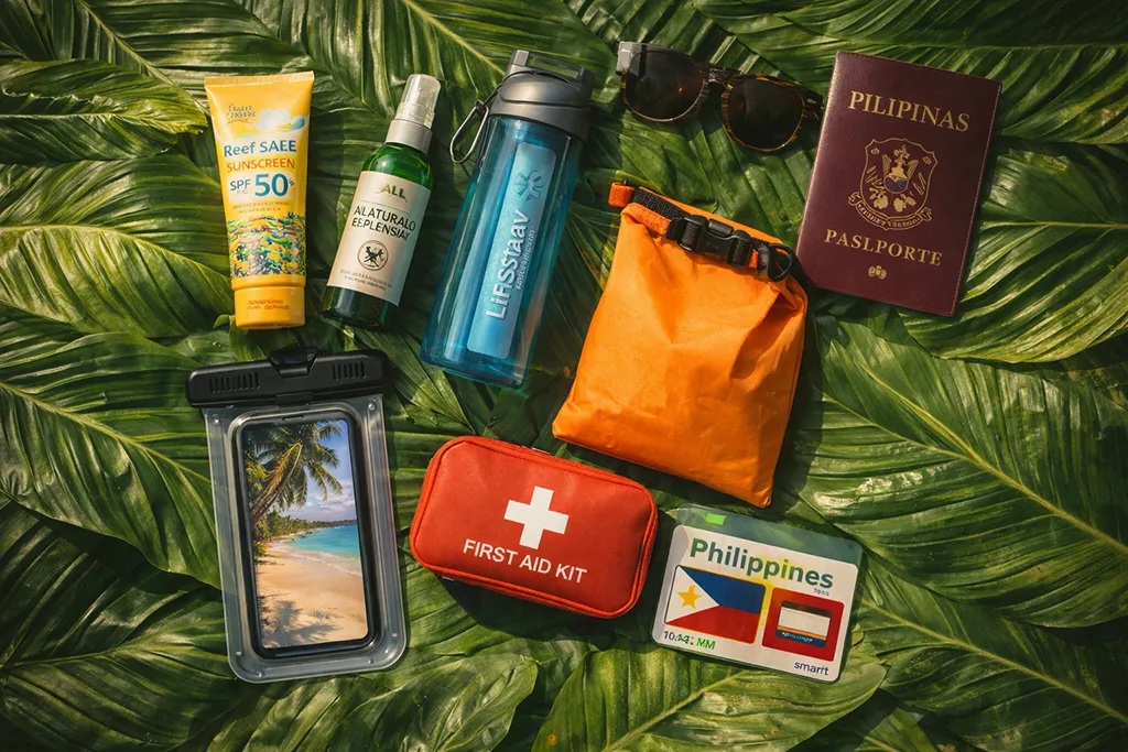 Philippines travel essentials packing list, safety items, reef safe sunscreen, mosquito repellent.