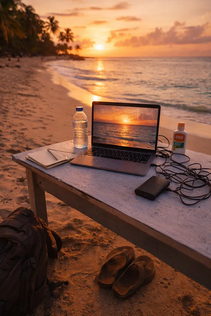 Realistic digital nomad workspace setup at Philippines beach showing practical reality