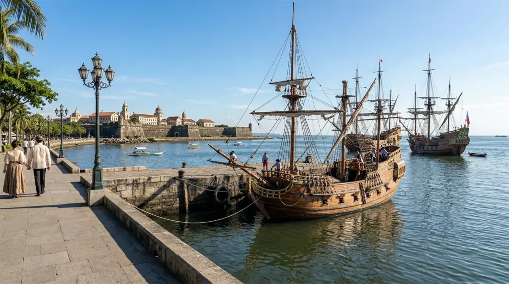 A historical illustration of Spanish galleons replicas moored in Manila Bay and the walls of Intramuros showing in the background.