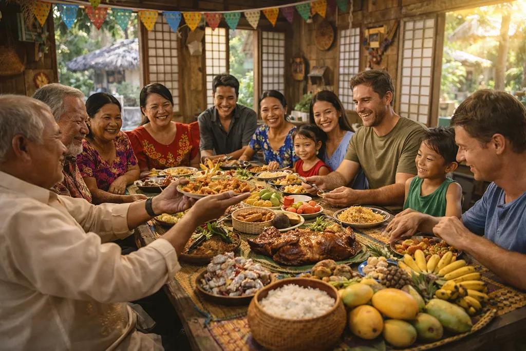 Responsible tourism Philippines showing cultural exchange between respectful tourists and Filipino community at traditional gathering