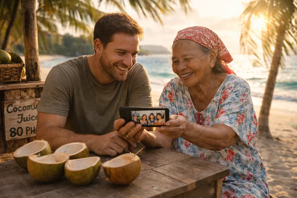 Respectful tourist in Philippines sharing conversation with local vendor demonstrating cultural etiquette and responsible tourism
