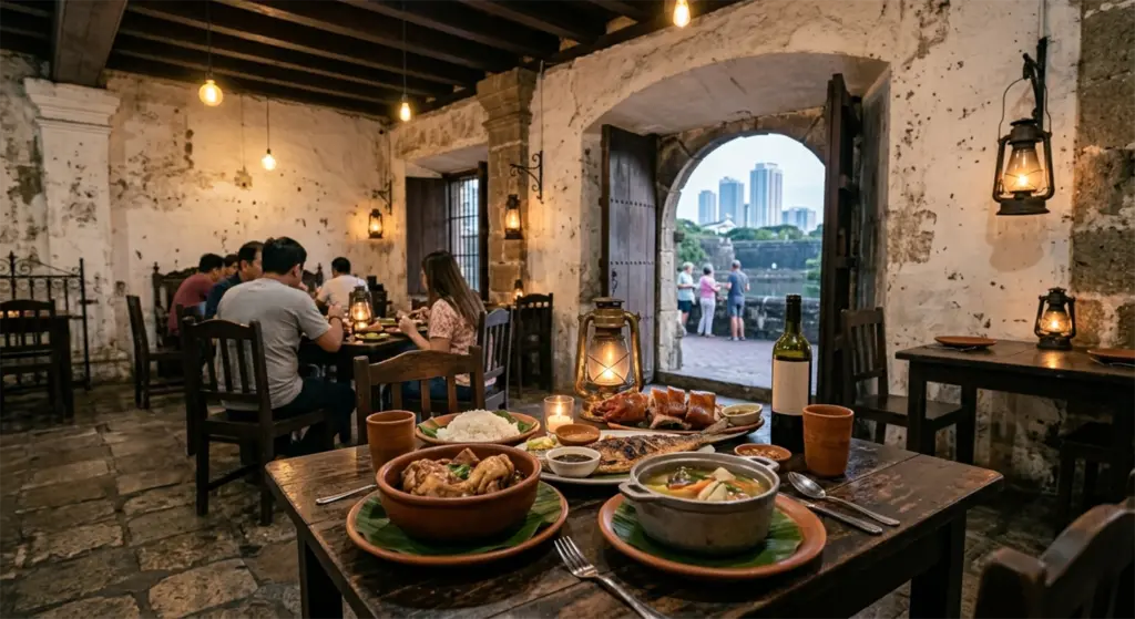 Filipino Spanish fusion meal served inside heritage building restaurant Intramuros Manila