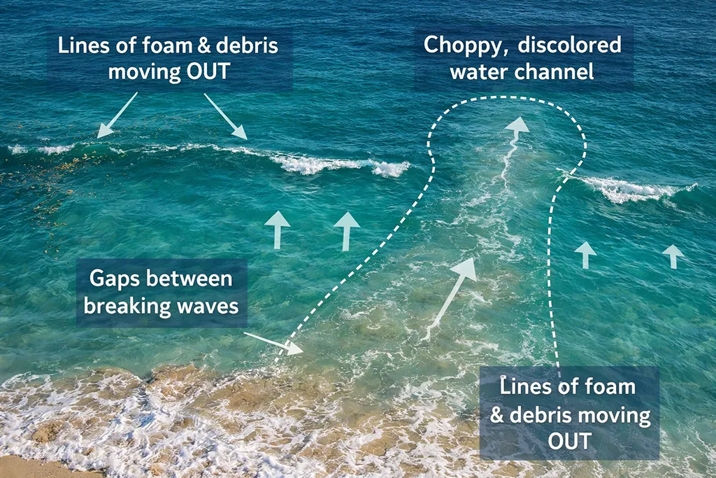 Visual warning signs of riptide current in ocean water