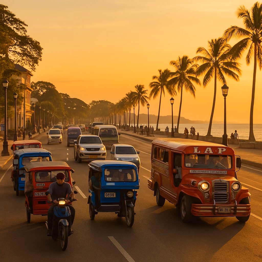 Pedicabs, jeepneys, motorbikes, and cars along Rizal Boulevard in Dumaguete City during golden hour.
