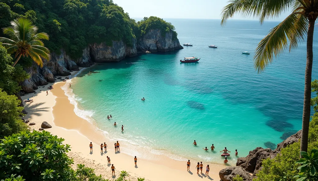 Safe crescent-shaped beach cove in the Philippines with local families swimming