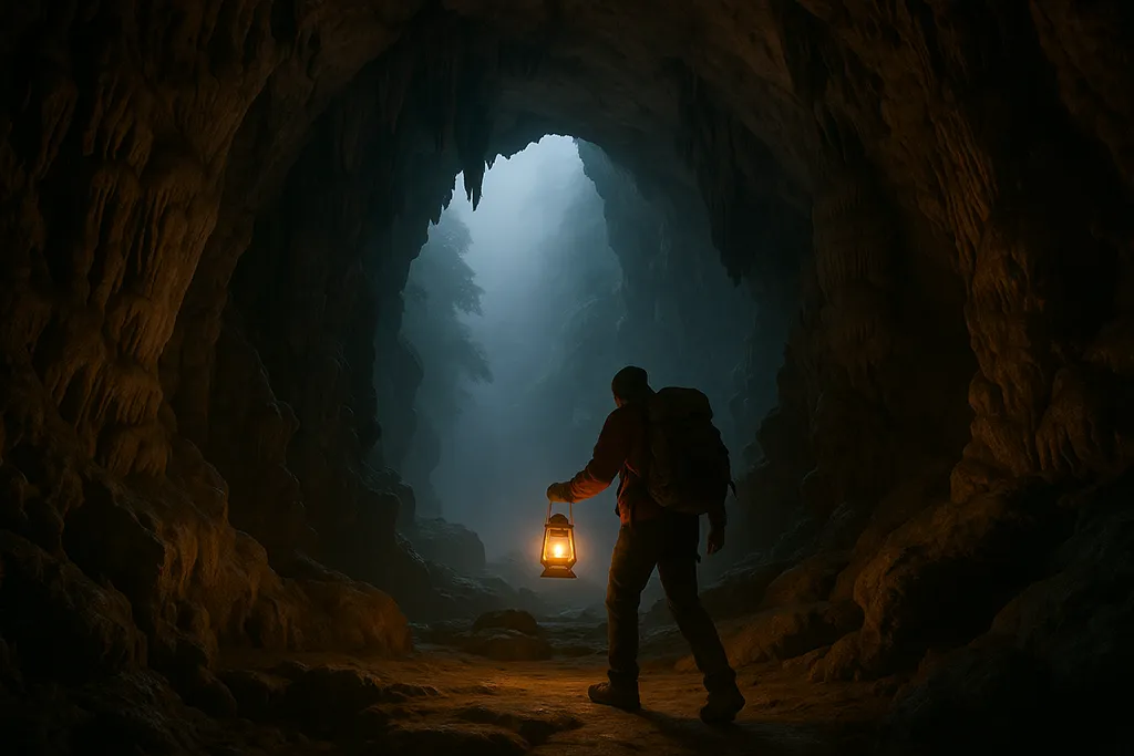 Traveler exploring a limestone cave in Sagada, Mountain Province, Philippines.