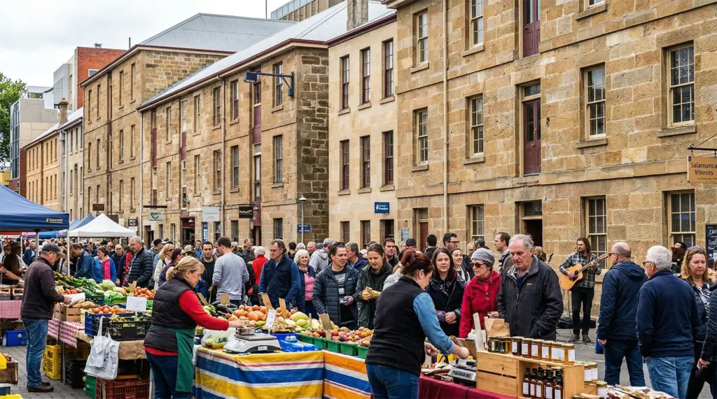 Salamanca Place market in Hobart with Georgian sandstone warehouses behind, Tasmania