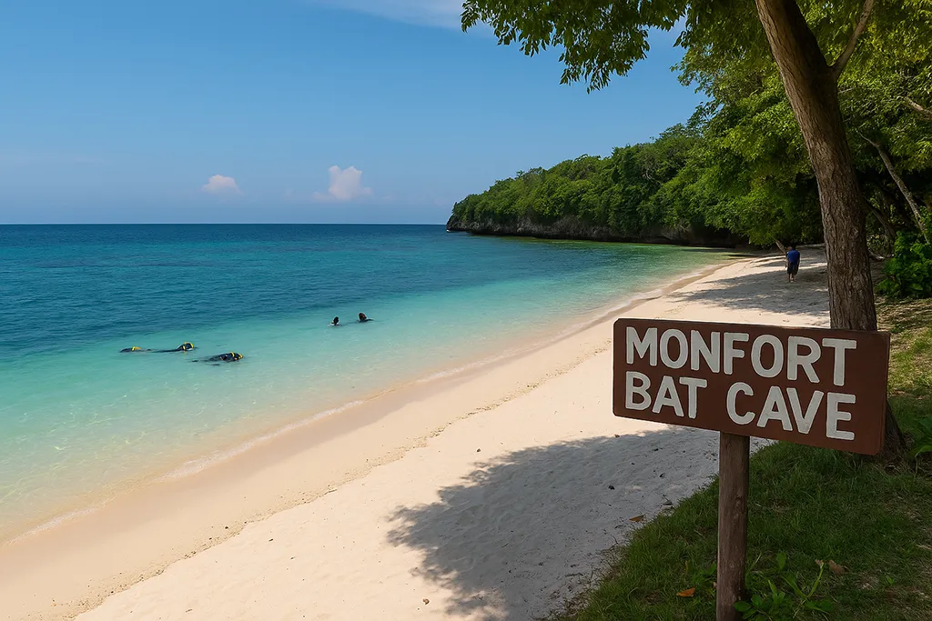 White sand beach on Samal Island with snorkeling and a sign to Monfort Bat Sanctuary.