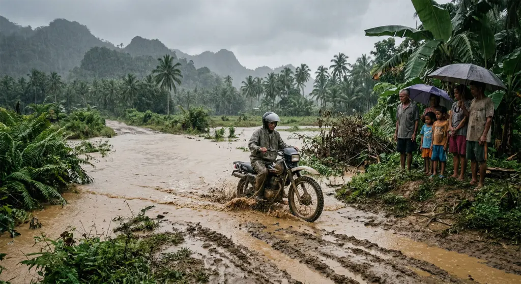 Flooded rural road in Samar showing challenging travel conditions and infrastructure