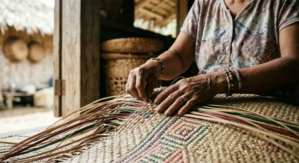 Filipino artisan hands weaving traditional banig mat in Samar cultural craftsmanship