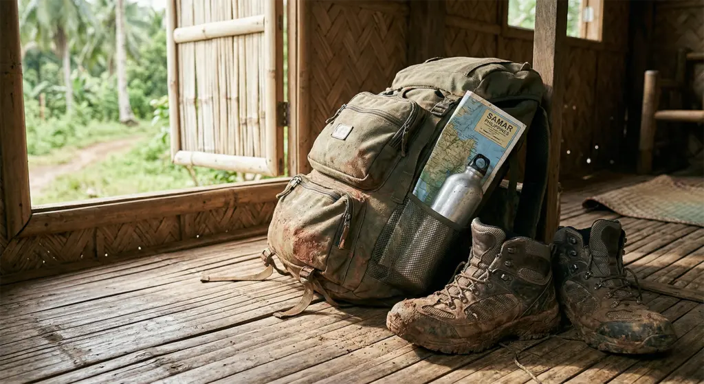 Weathered travel gear and hiking boots showing real adventure conditions in Samar
