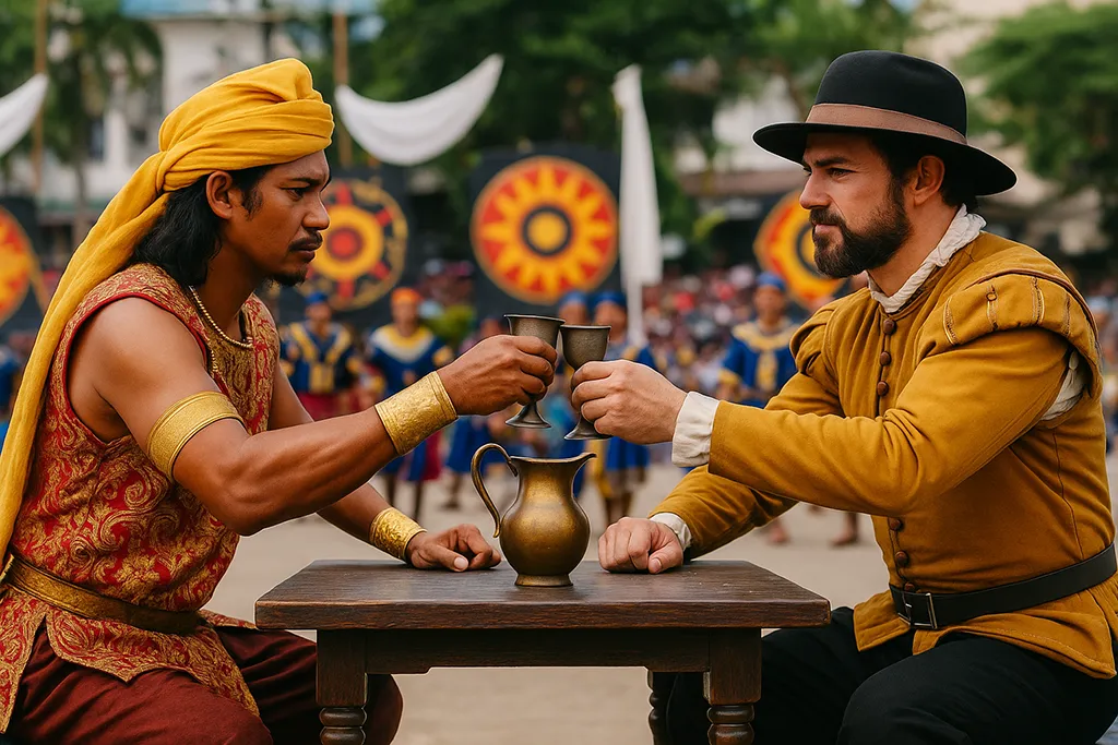 Street performers reenacting the blood compact during Sandugo Festival in Bohol