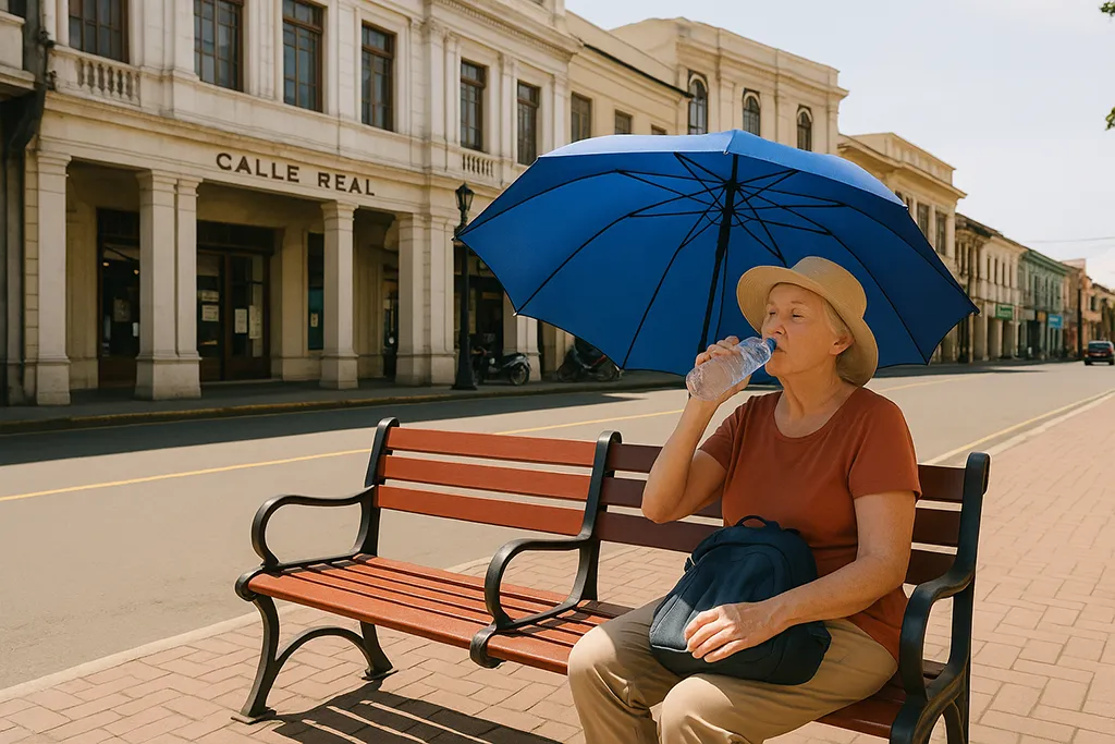 Senior traveler resting with water on Calle Real.