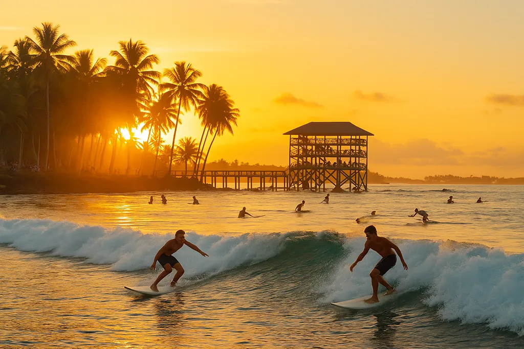 Surfers catching waves at Cloud 9 surf break in Siargao, Philippines.