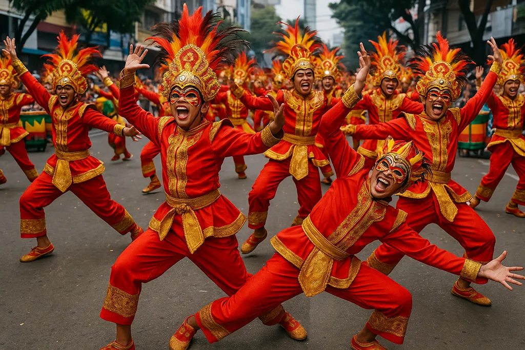 Performers in bright red and gold costumes dancing at Sinulog Festival Cebu