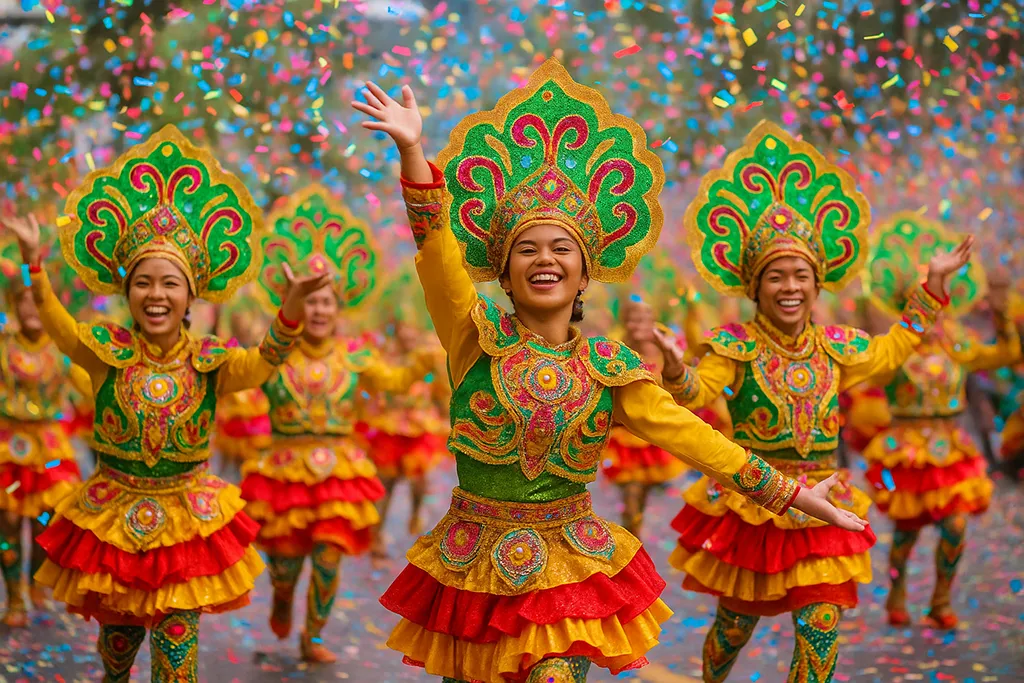 Performers dancing in colorful costumes during the Sinulog Festival in Cebu, Philippines.