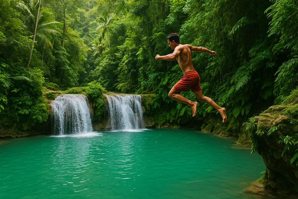Cambugahay Falls cliff jump, Siquijor, Philippines.