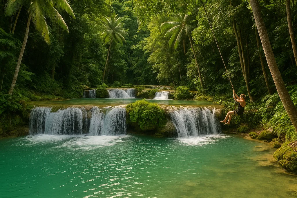 Traveler swinging into the turquoise Cambugahay Falls surrounded by jungle in Siquijor.