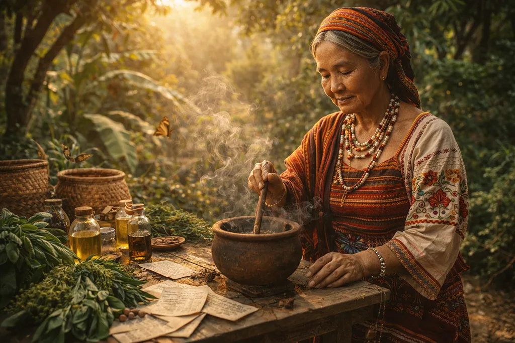 Siquijor woman preparing traditional healing oils using herbs and coconut oil