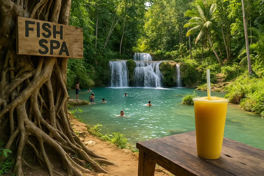 Cambugahay Falls and century-old Balete Tree in Siquijor with mango shake in the foreground.