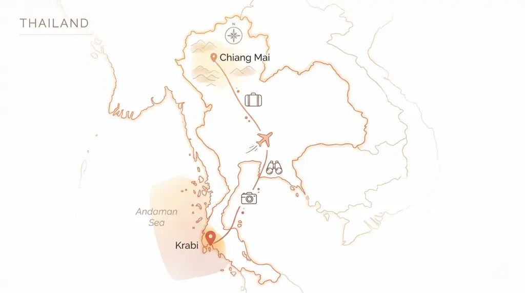 Thailand travel map showing Chiang Mai northern region and Krabi Andaman coast route planning