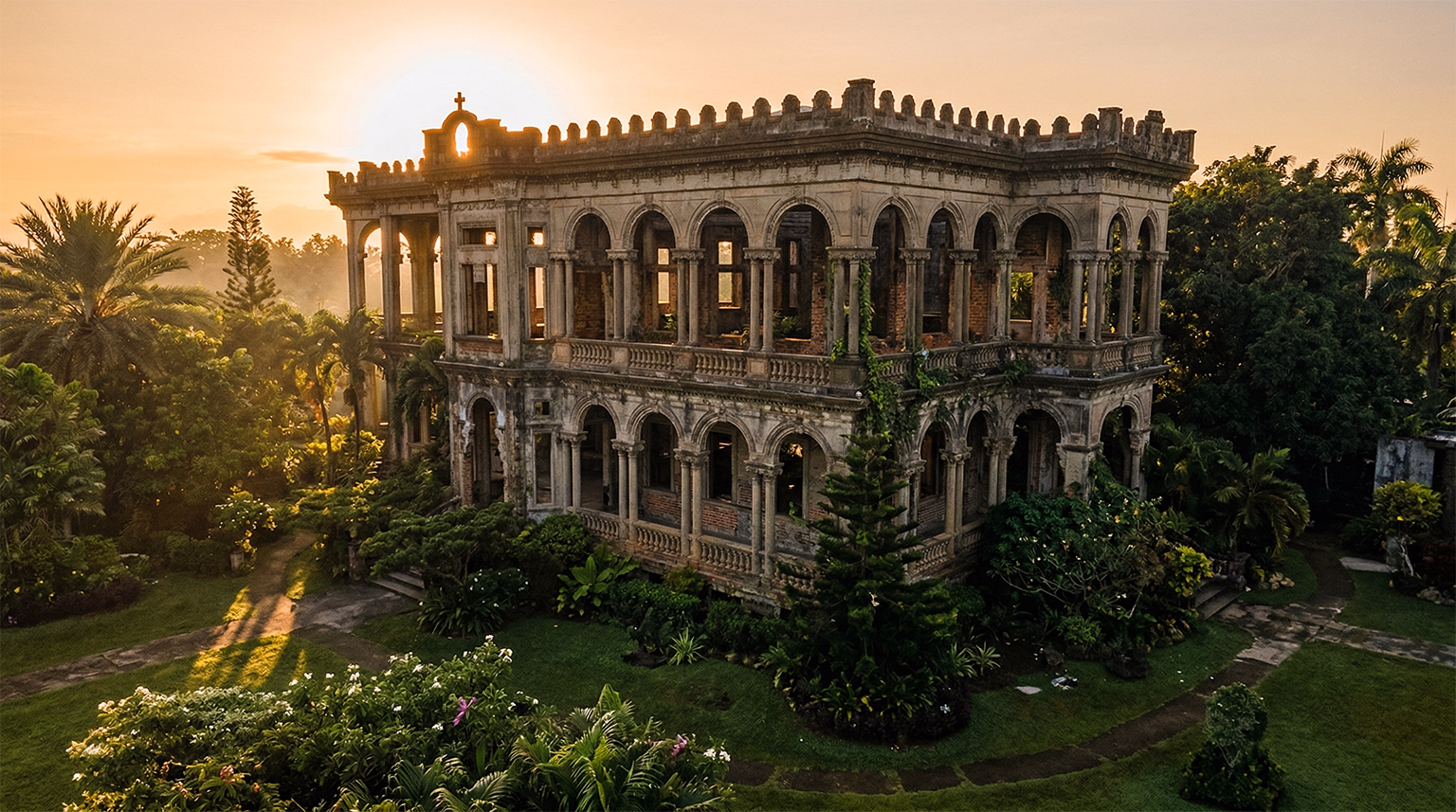 The Ruins historic sugar mansion glowing at sunset Talisay Negros Occidental Philippines