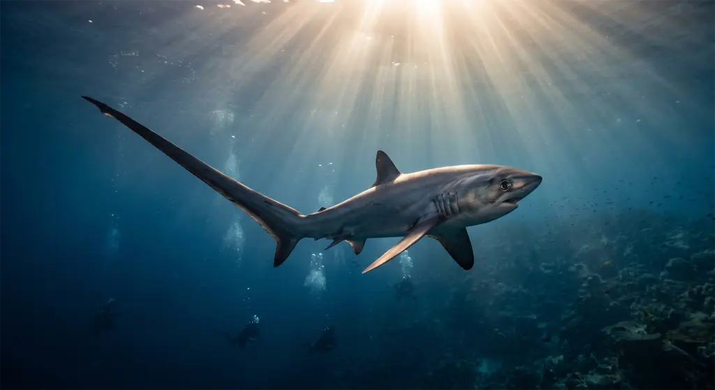 Thresher shark long tail ascending from deep blue water, Monad Shoal, Malapascua, Cebu, Philippines