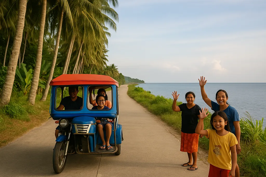 Filipino tricycle driving along a tropical coastal road with locals waving.