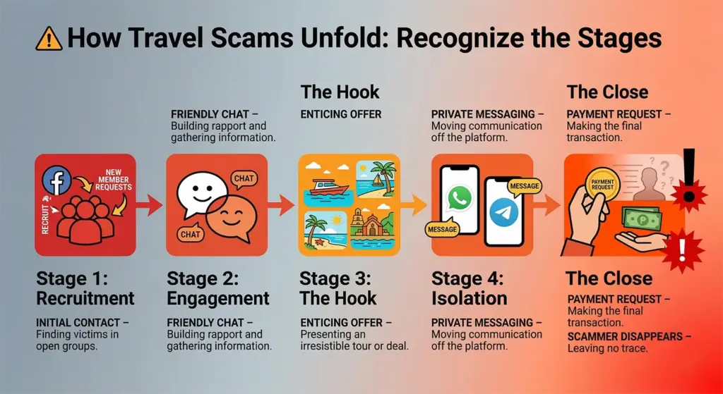 Infographic - Five stages of Philippines travel scam from Facebook recruitment to payment fraud
