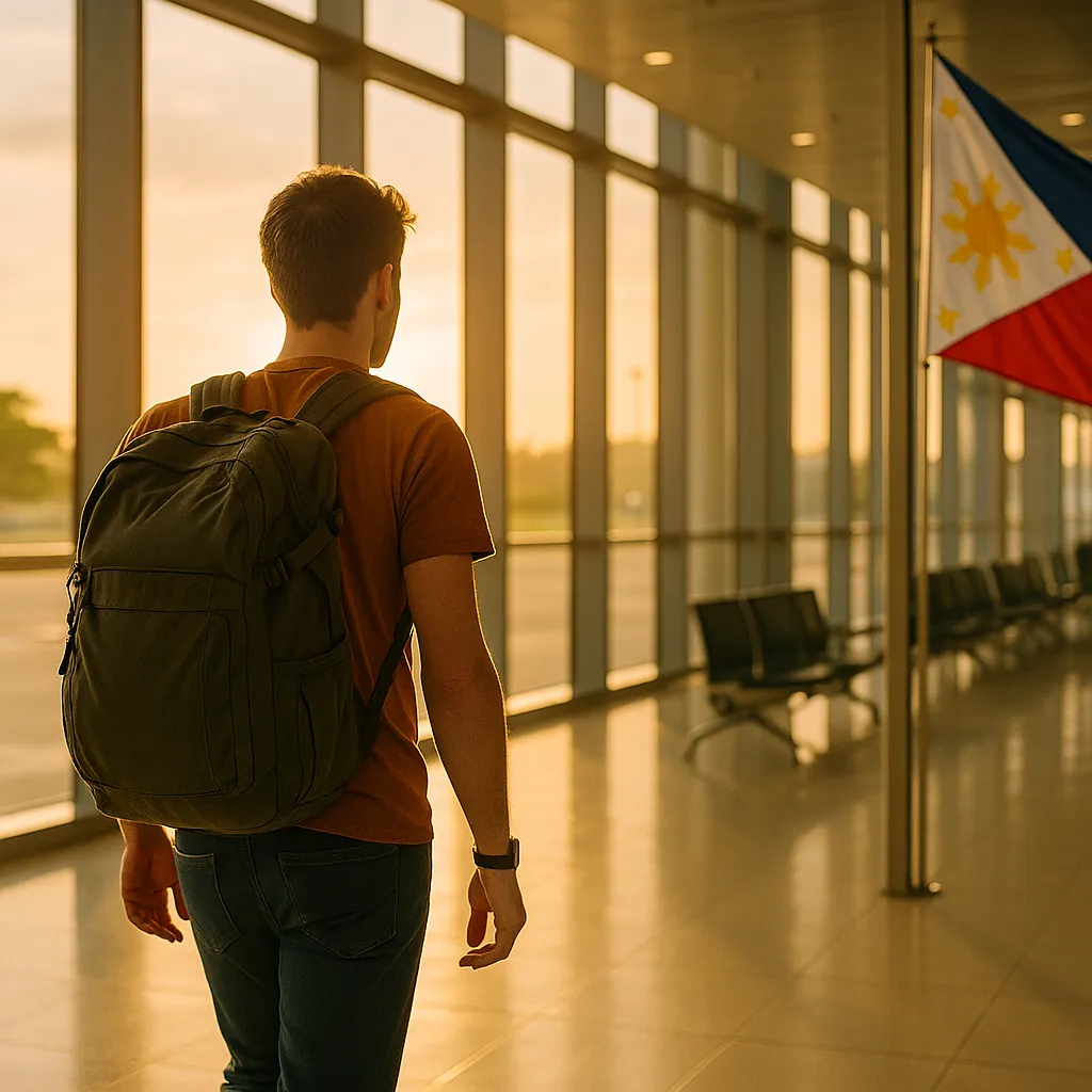 Traveler with luggage arriving at Mactan-Cebu International Airport, Philippines.