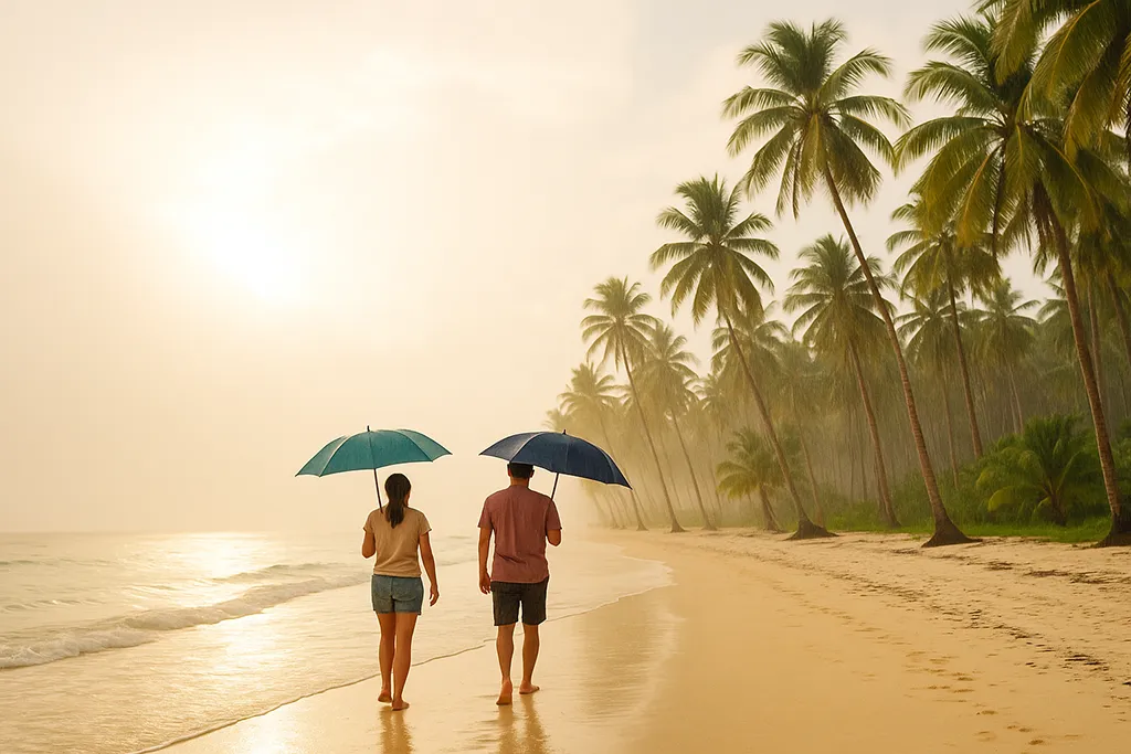 Travelers walking on a tropical beach in the Philippines during a light rain shower.