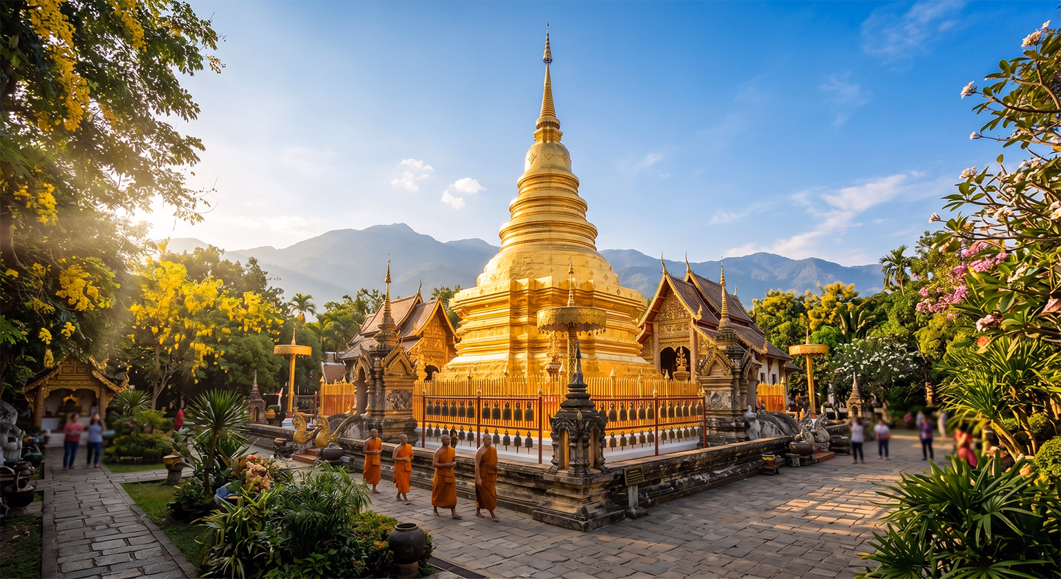 Wat Phra That Doi Suthep golden chedi temple on mountain above Chiang Mai Thailand