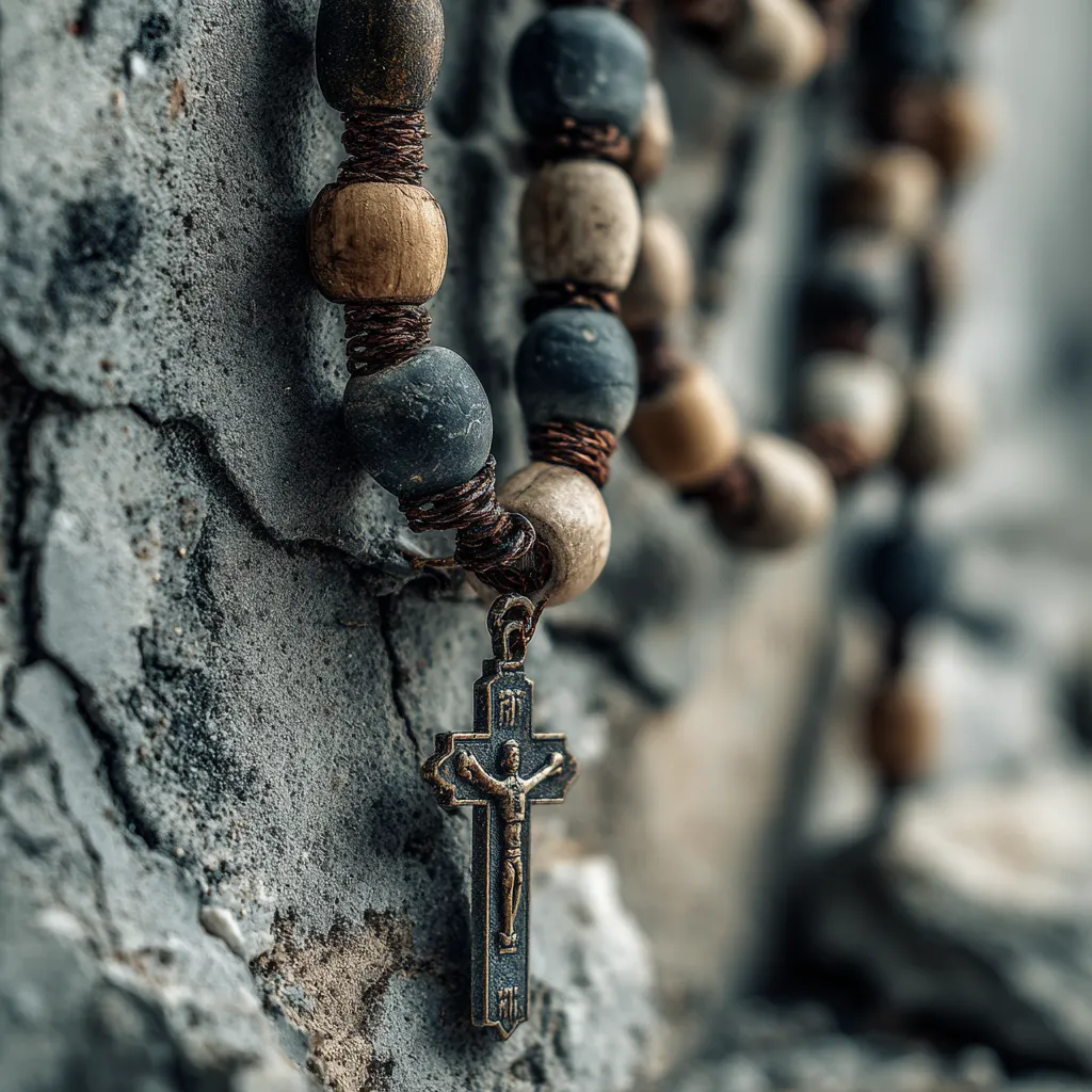 vintage rosary beads, Corregidor ruins, WWII, Philippines, spiritual trauma, clergy, faith, war damage, religious history.
