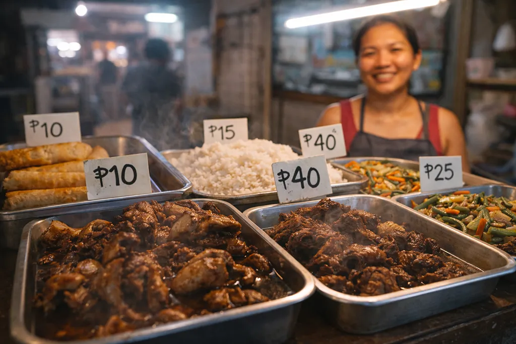Local carinderia food stall in Malapascua Philippines showing affordable authentic Filipino meals