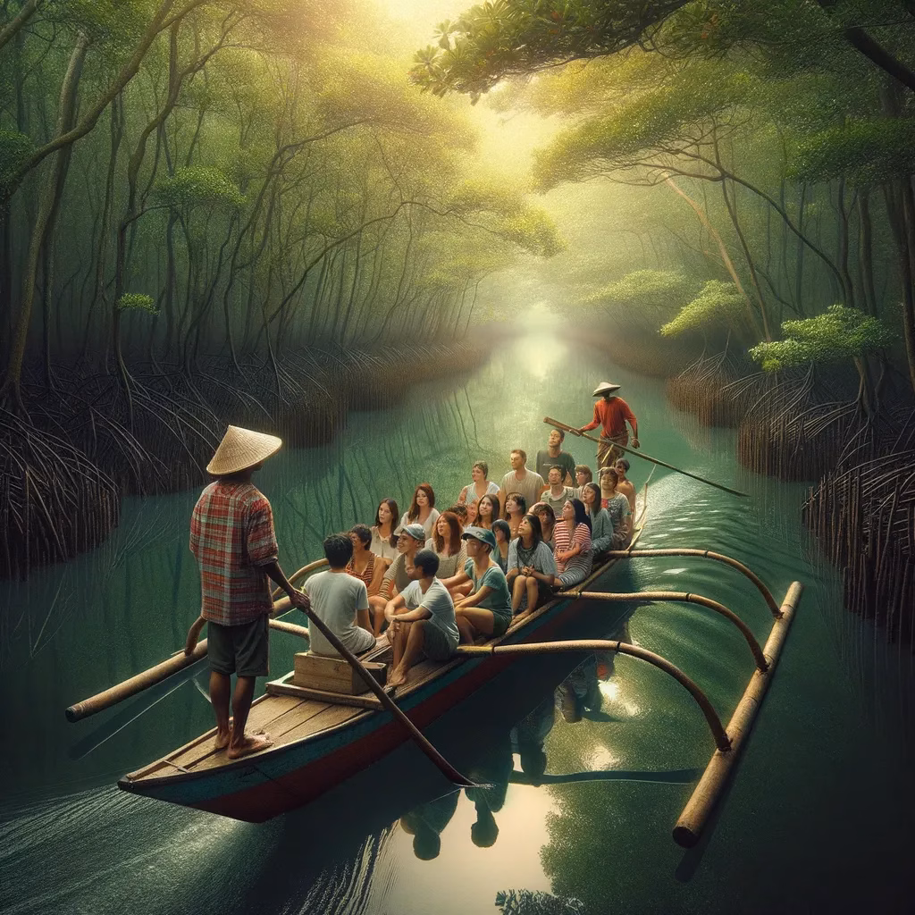 Fisherman guiding mangrove tour, community eco-tourism Philippines.